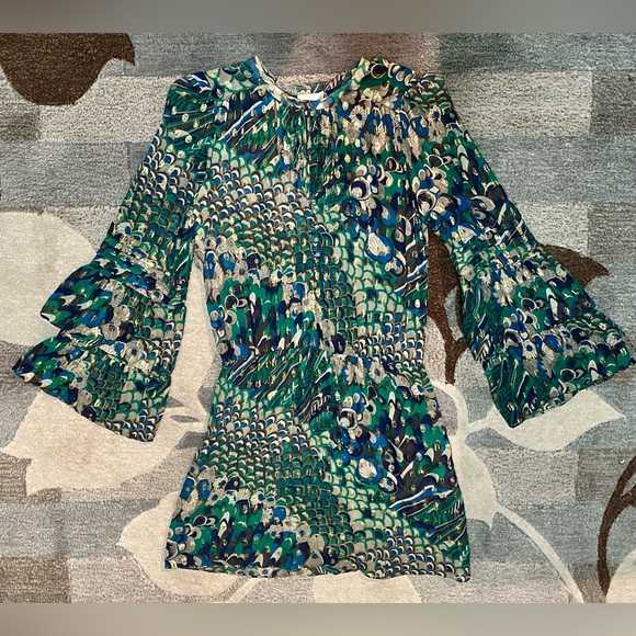 Parker Bohemian Metallic Floral & Sea Motif  Tiered Bell Sleeves Silk Mini Dress - Picture 3 of 8